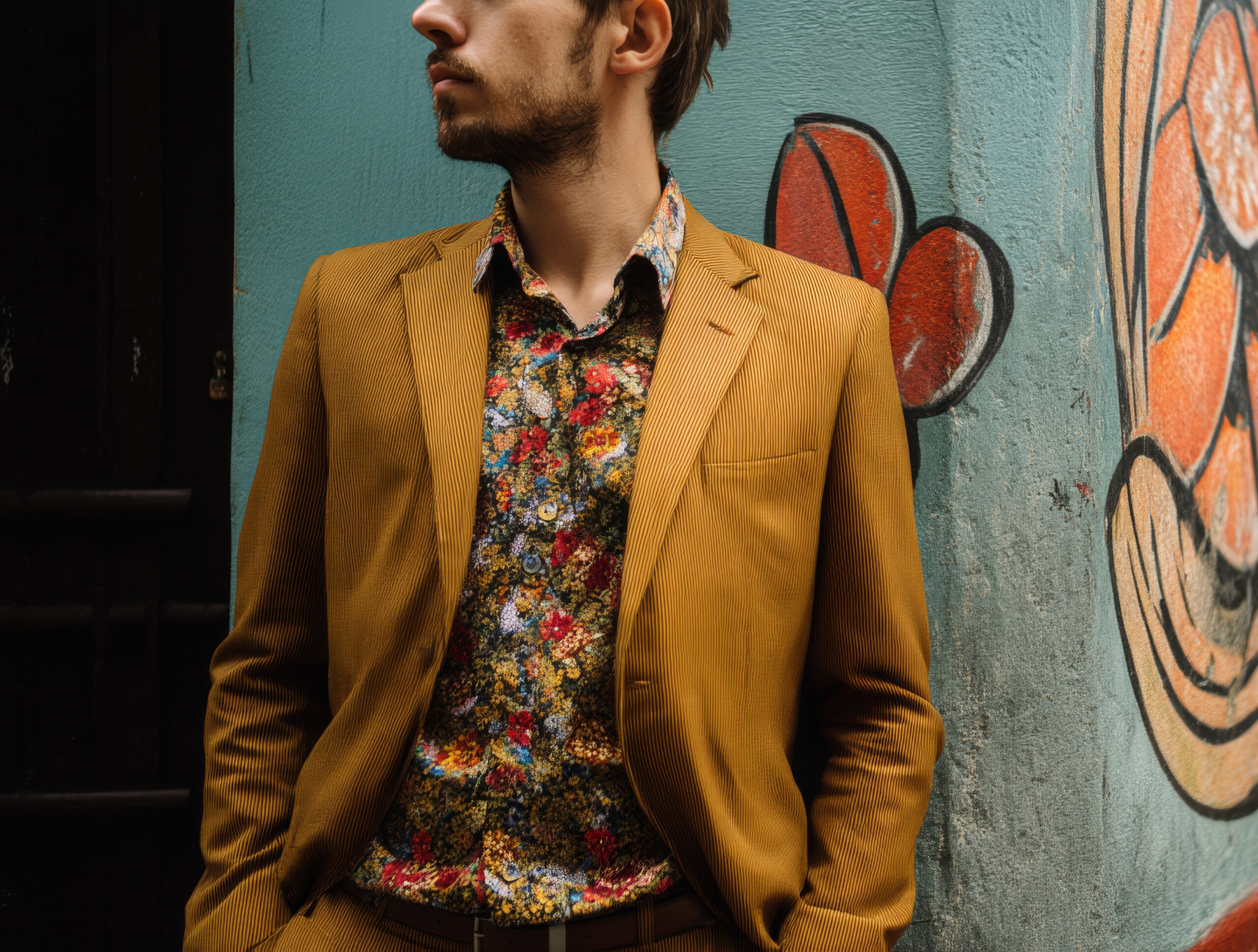 Herrenoutfit mit gelbem Cordblazer und gemustertem Hemd – urbaner trendiger Frühlingslook