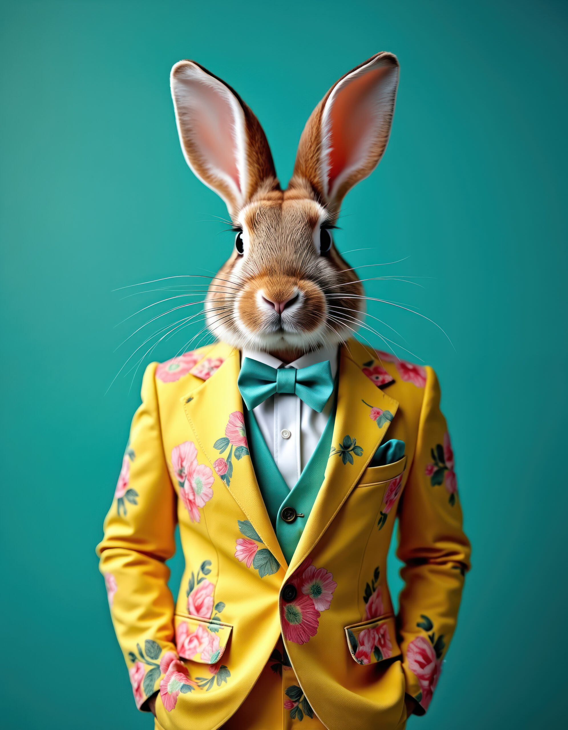 Ein Hase mit einem Anzug mit buntem Sakko und bunter Fliege