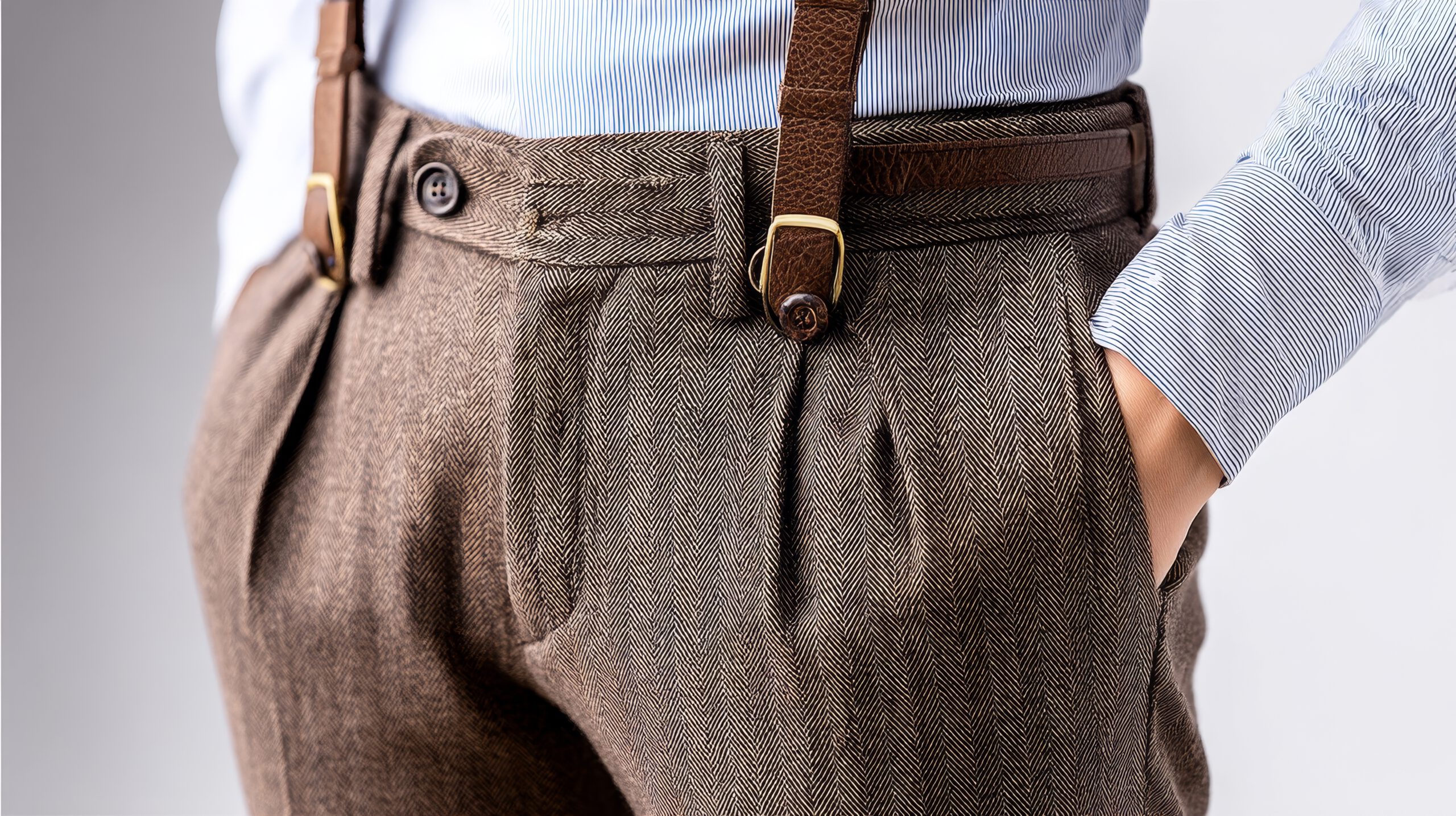 Nahaufnahme einer braunen Maßhose mit hohem Bund und Hosenträgern.
