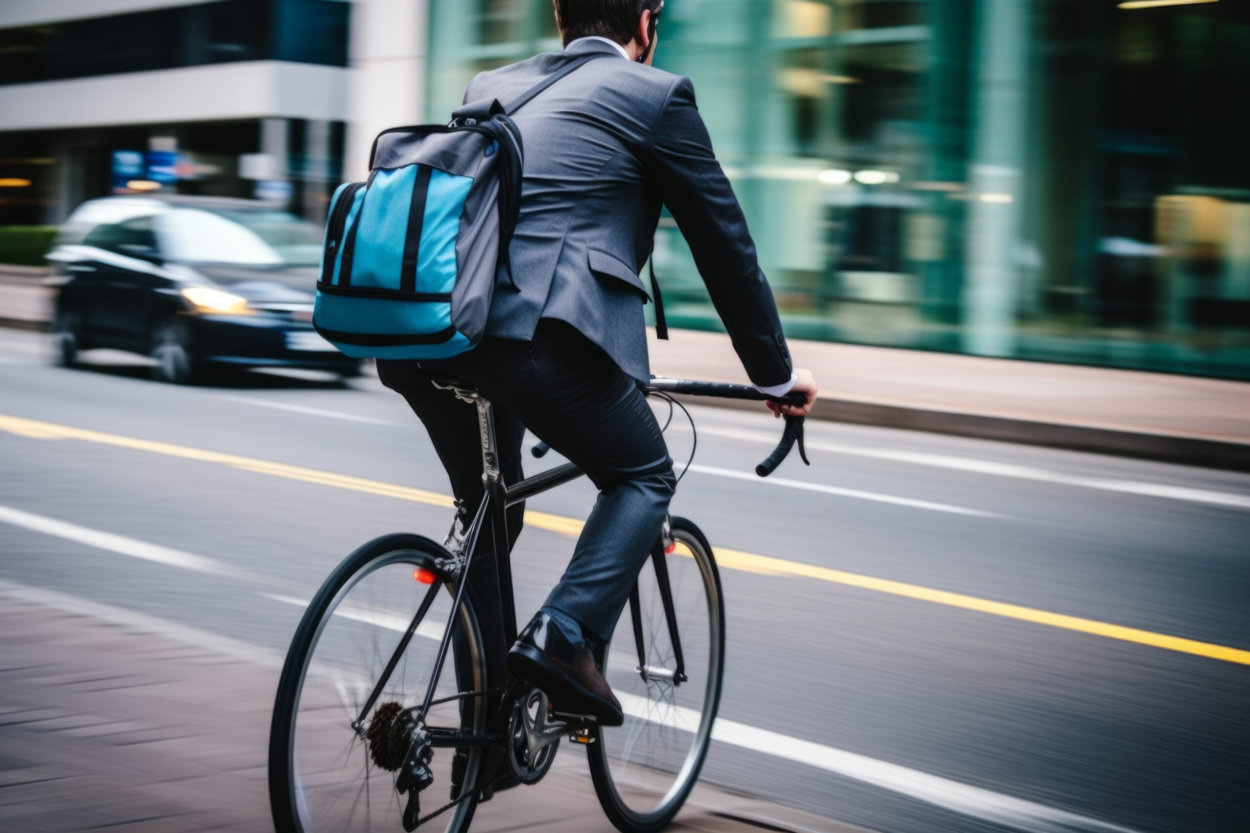 Businessmann auf Fahrrad – eleganter Look mit doppeltem Schlitz im Sakko für mehr Bewegungsfreiheit.